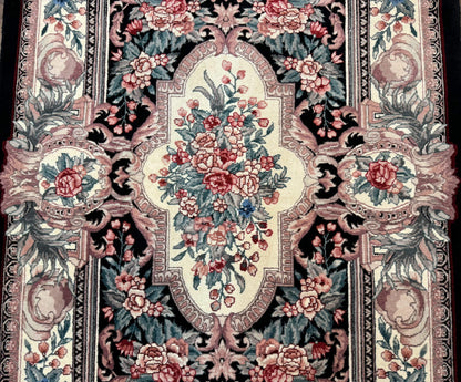 Aubusson Rug 4x6, Elegant European Floral Design, Black and Ivory, Fine 200 KPSI
