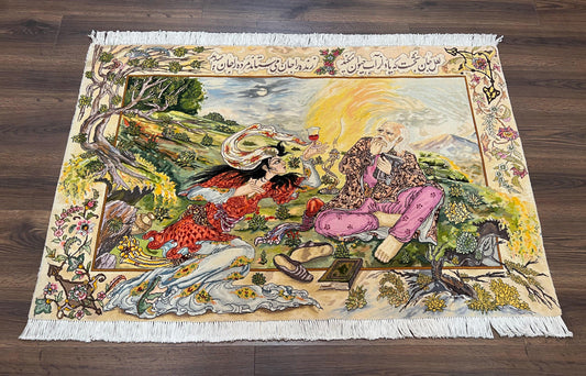 Persian Tabriz Pictorial Rug 5x3, Hafez Poetry In Border, Very Fine Hand Knotted Carpet, Wall Hanging Wool Oriental Carpet 3x5, Highly Detailed - Nuvé