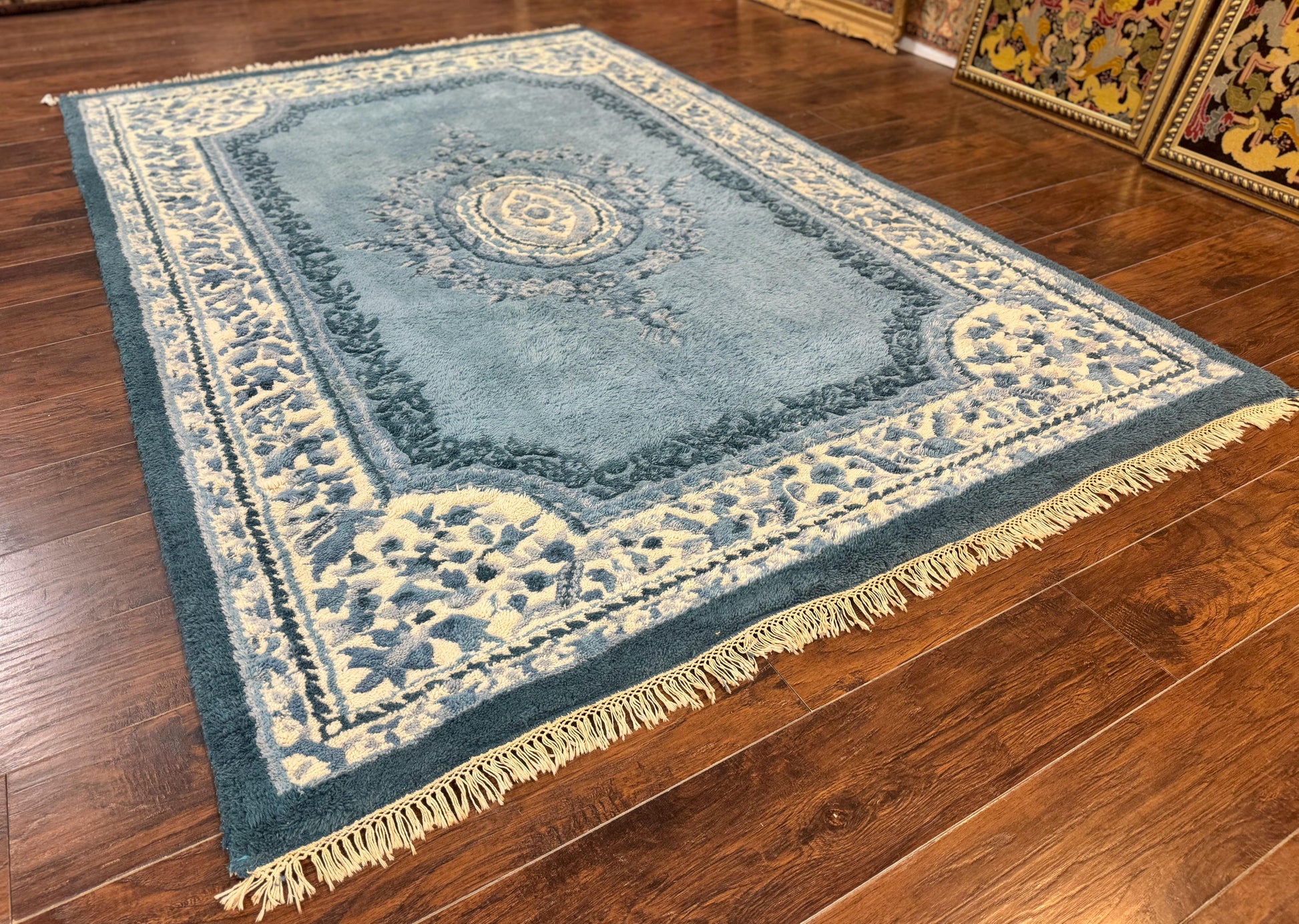 Indo Chinese Aubusson Rug 6x9, Light Blue and Ivory, Handmade Vintage Wool Carpet - Nuvé