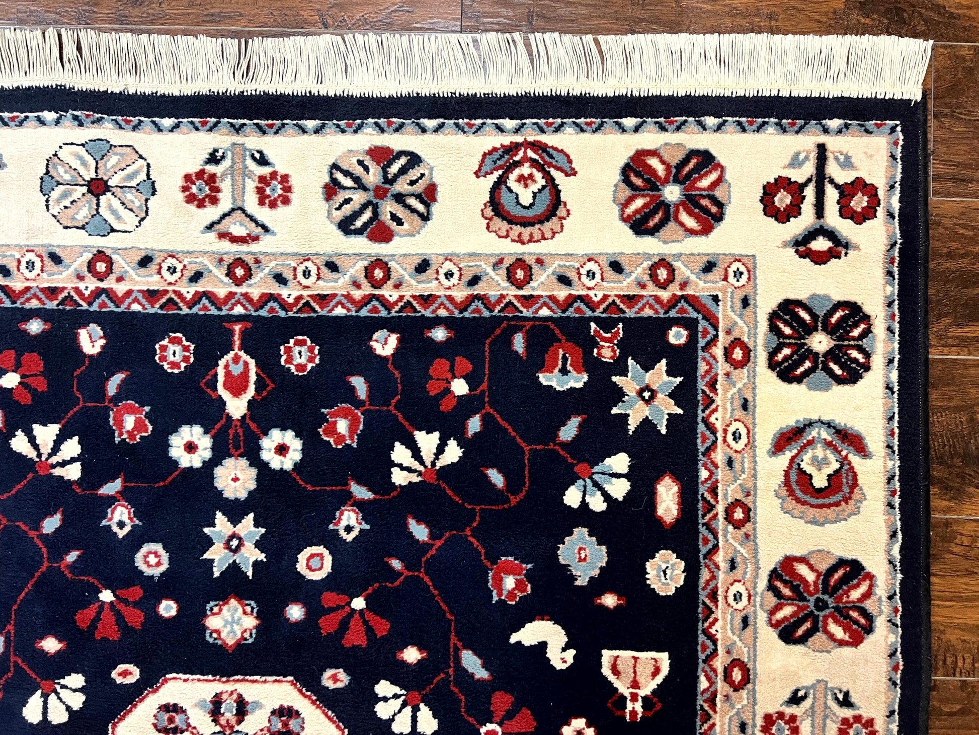 Belgium Power Loomed Rug 5.6 x 7, Navy Blue and Ivory, Heriz Pattern, Vintage Oriental Carpet - Nuvé