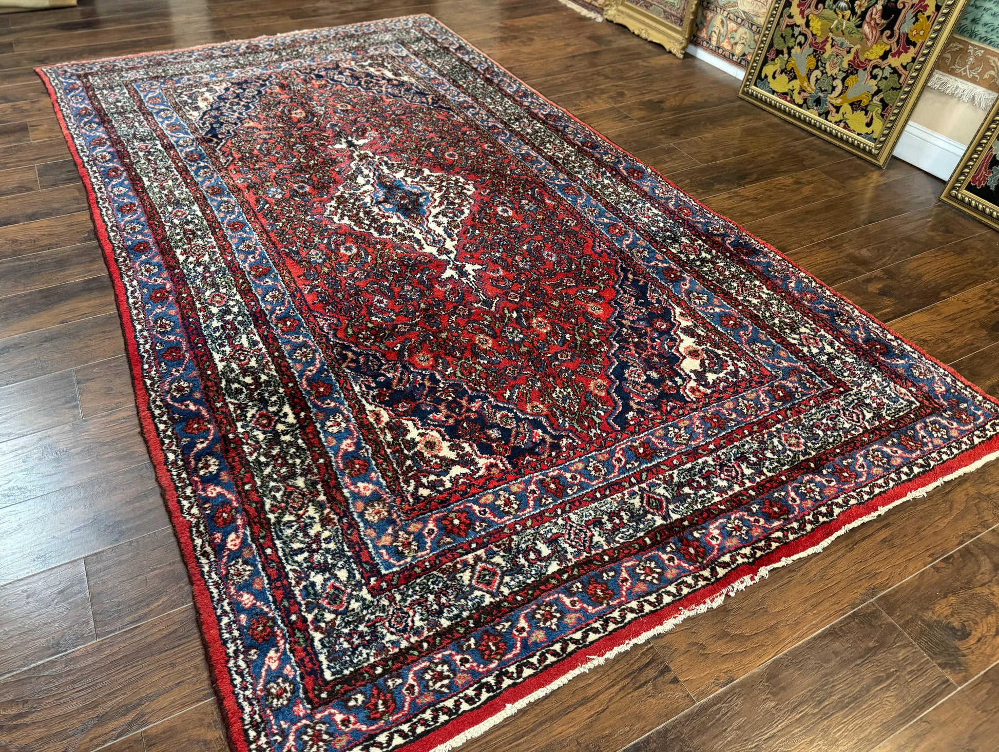Persian Tribal Rug 6x11, Red Blue Ivory, Antique Persian Carpet, Hamadan Dargazin Carpet - Nuvé