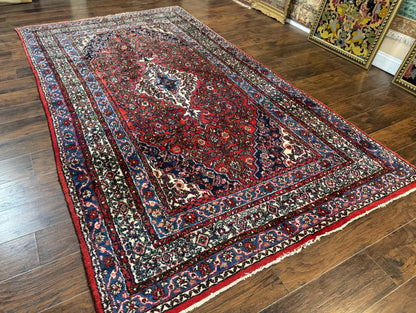 Persian Tribal Rug 6x11, Red Blue Ivory, Antique Persian Carpet, Hamadan Dargazin Carpet - Nuvé