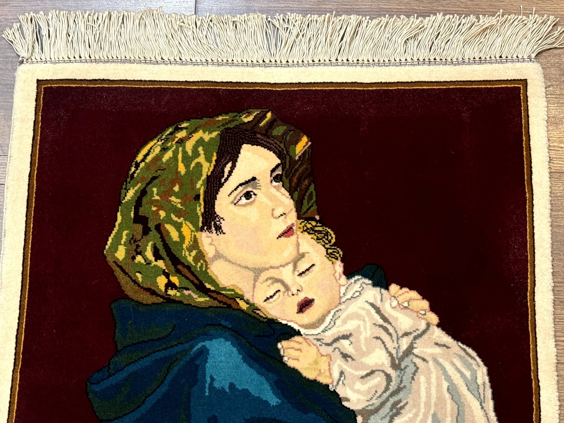 Small Persian Tabriz Pictorial Rug 2x2, Mother Holding Child, Very Fine 340 KPSI, Maroon - Nuvé