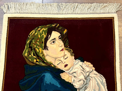 Small Persian Tabriz Pictorial Rug 2x2, Mother Holding Child, Very Fine 340 KPSI, Maroon - Nuvé