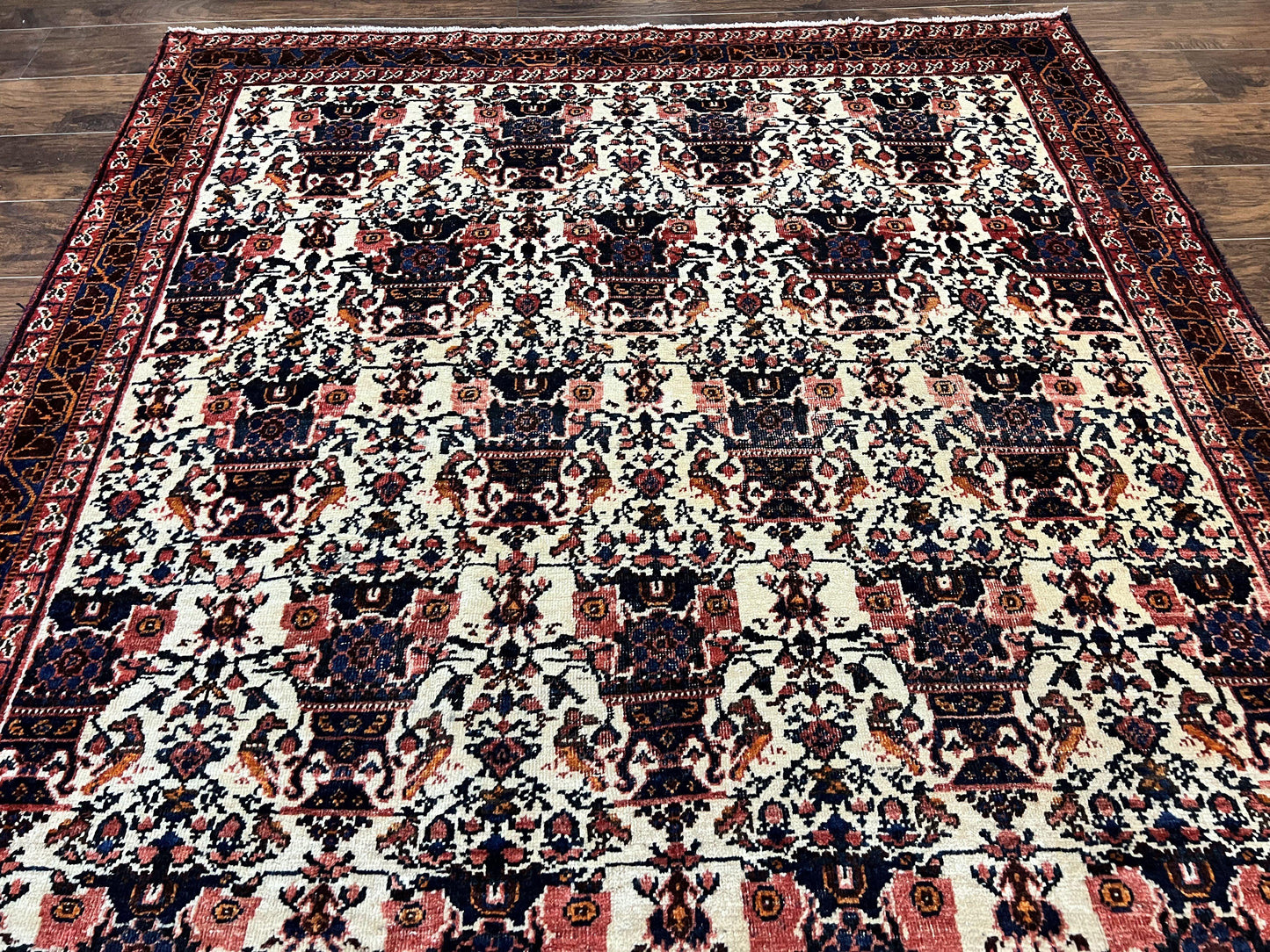 Persian Afshar Rug 6x8, Wool Hand Knotted Semi Antique Vintage Carpet, Floral Allover, Repeated Birds Flowers Vases Motifs - Nuvé