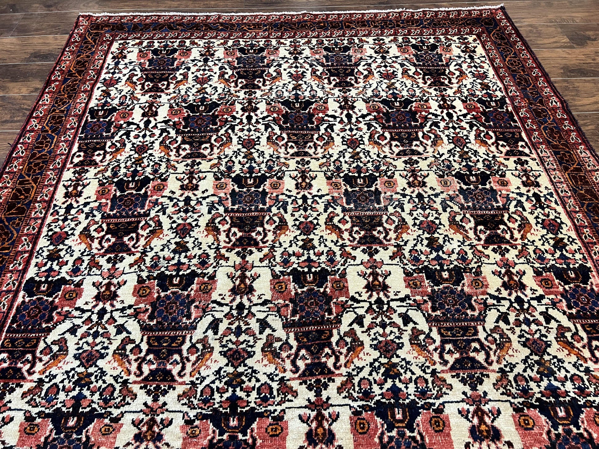 Persian Afshar Rug 6x8, Wool Hand Knotted Semi Antique Vintage Carpet, Floral Allover, Repeated Birds Flowers Vases Motifs - Nuvé