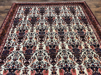 Persian Afshar Rug 6x8, Wool Hand Knotted Semi Antique Vintage Carpet, Floral Allover, Repeated Birds Flowers Vases Motifs - Nuvé