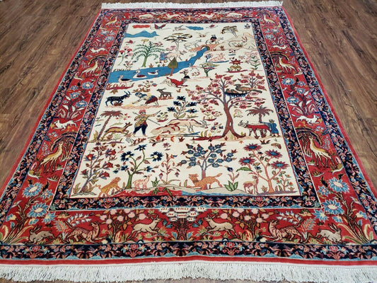 Antique Persian Isfahan Rug 5x7, Animal and Human Pictorials, Hand Knotted Fine Oriental Wool Carpet, Cream and Red, High KPSI, Vintage Rug 5 x 7 ft - Nuvé