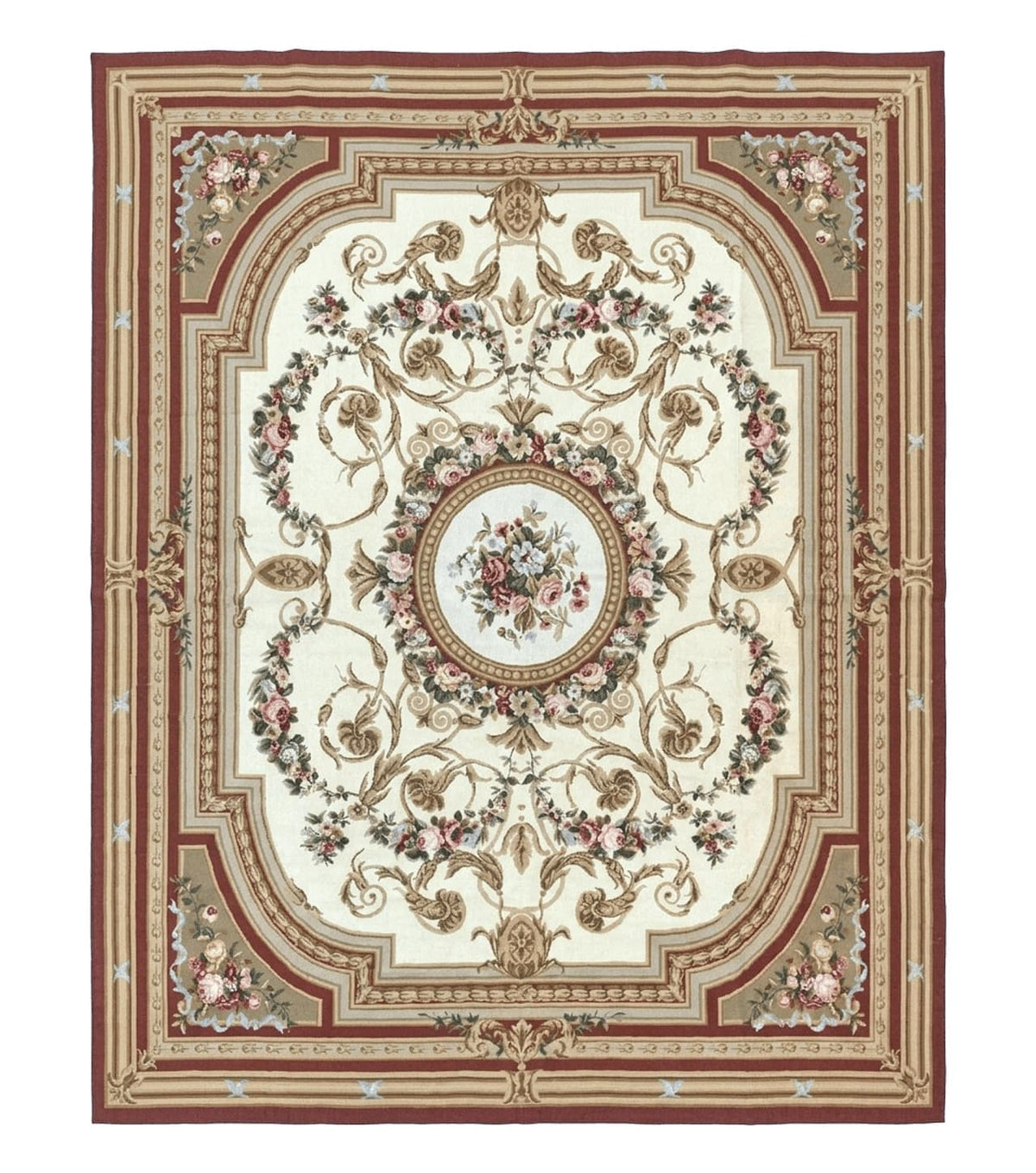 Aubusson Needlepoint Rug 9x11, Handmade Vintage Wool Flatweave Carpet, Elegant European Rug, Floral, Cream