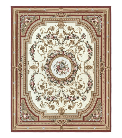 Aubusson Needlepoint Rug 9x11, Handmade Vintage Wool Flatweave Carpet, Elegant European Rug, Floral, Cream