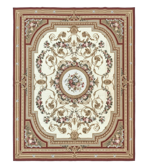 Aubusson Needlepoint Rug 9x11, Handmade Vintage Wool Flatweave Carpet, Elegant European Rug, Floral, Cream