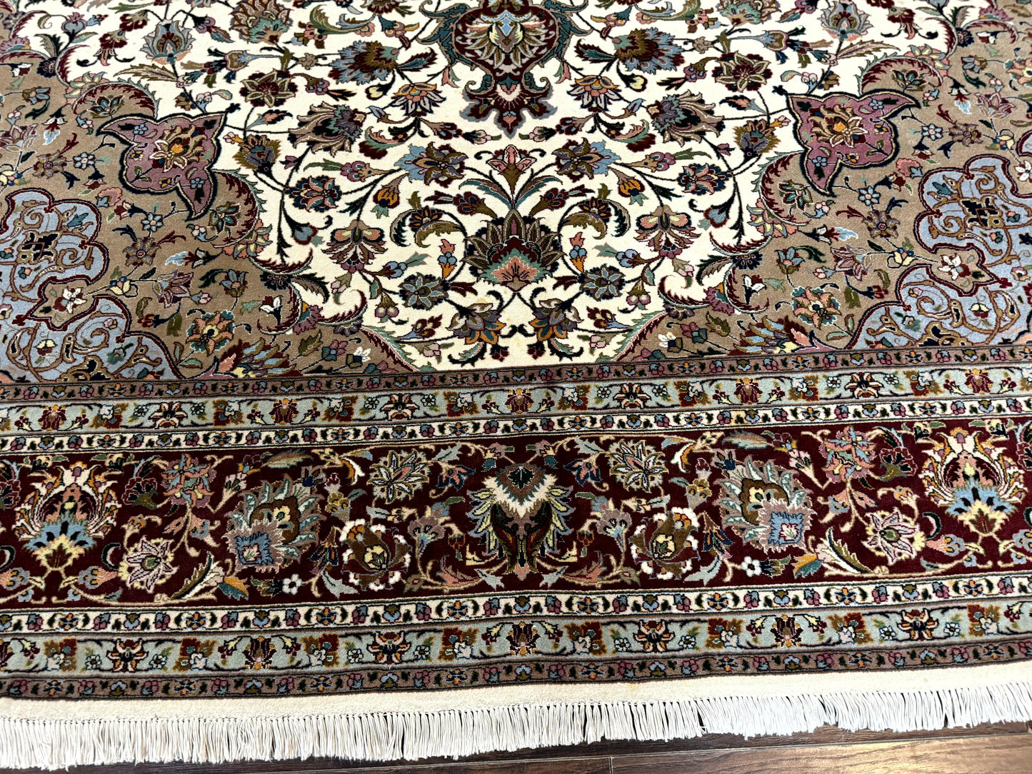 Persian Tabriz Rug 8x11, Floral Medallion Traditional Area Rug, Fine 300 KPSI, Ivory Maroon - Nuvé