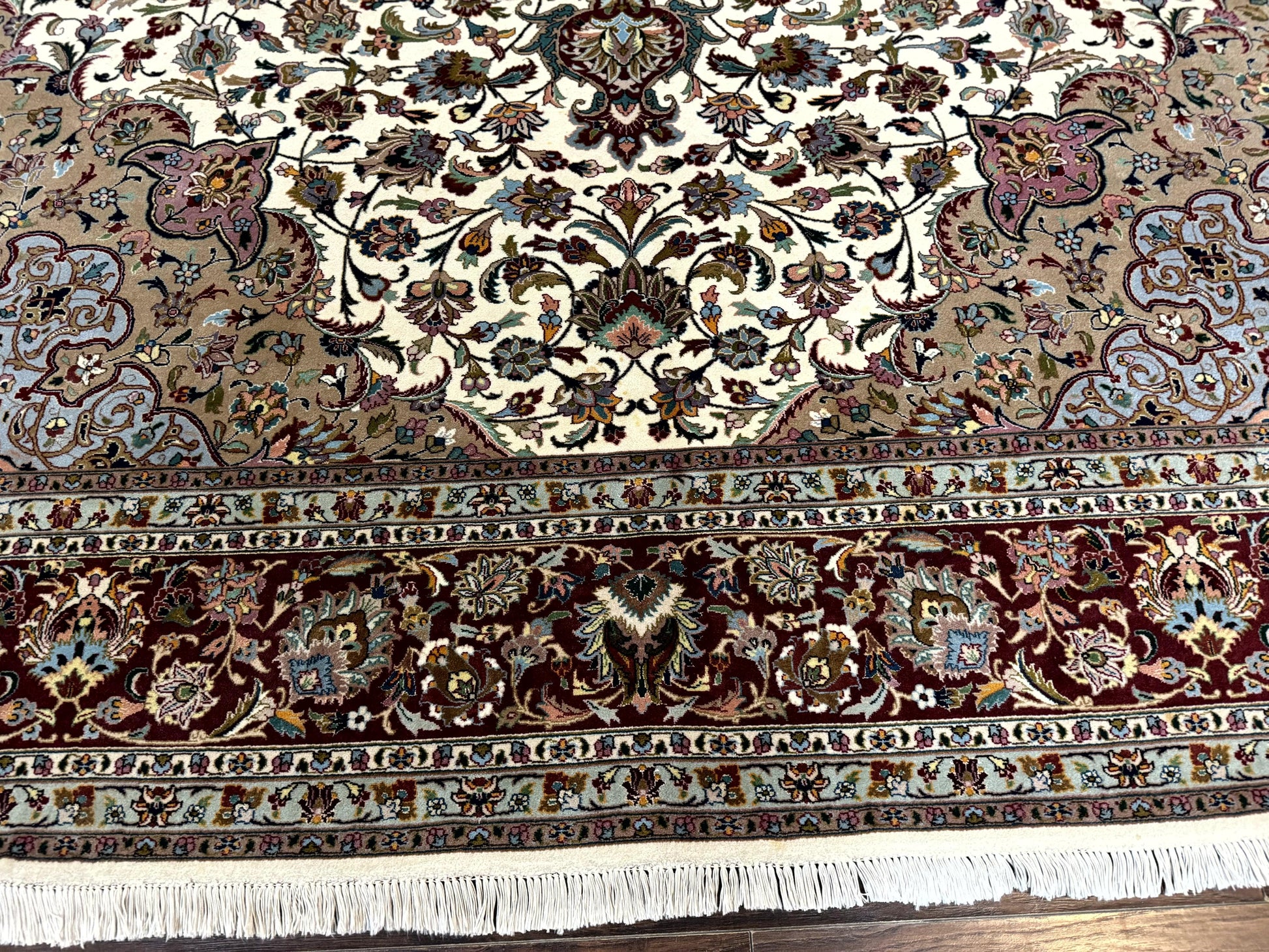 Persian Tabriz Rug 8x11, Floral Medallion Traditional Area Rug, Fine 300 KPSI, Ivory Maroon - Nuvé