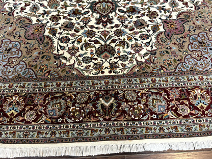 Persian Tabriz Rug 8x11, Floral Medallion Traditional Area Rug, Fine 300 KPSI, Ivory Maroon - Nuvé