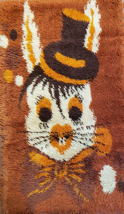 2x3 Rya Shag Rug Mid-Century Modern Danish Shag Rug 1960s Accent Rug Bunny Rabbit in Hat Dark Orange Small Shag Rug