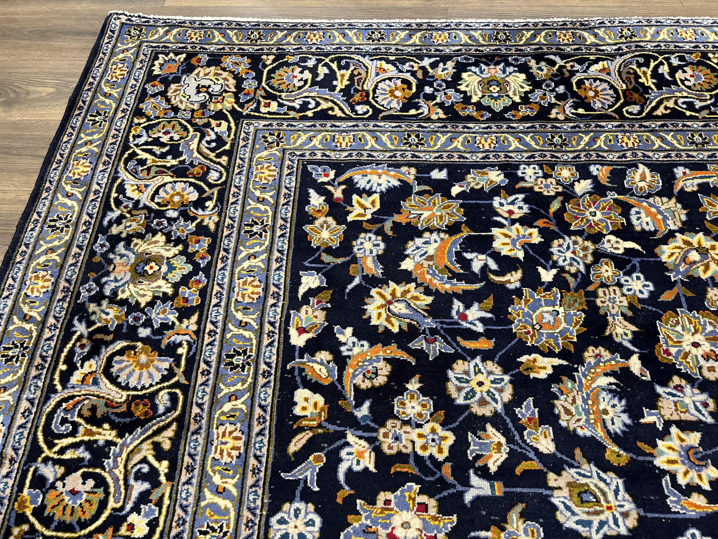 Wonderful Navy Blue Persian Kashan Rug 11x13, Allover Floral Design with Central Medallion, Wool Hand-Knotted Antique Carpet, Signed Rabani Rug - Nuvé
