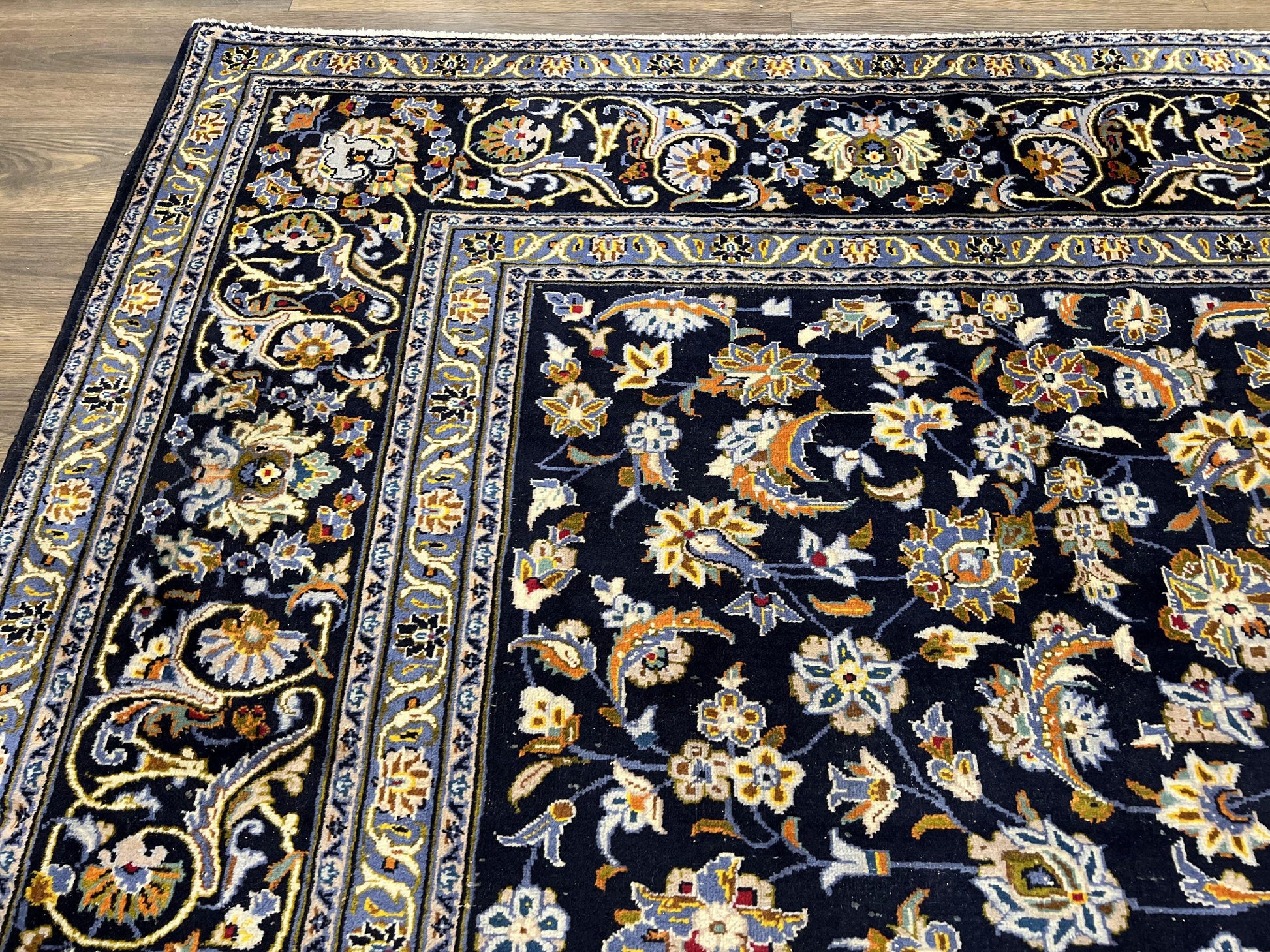 Wonderful Navy Blue Persian Kashan Rug 11x13, Allover Floral Design with Central Medallion, Wool Hand-Knotted Antique Carpet, Signed Rabani Rug - Nuvé