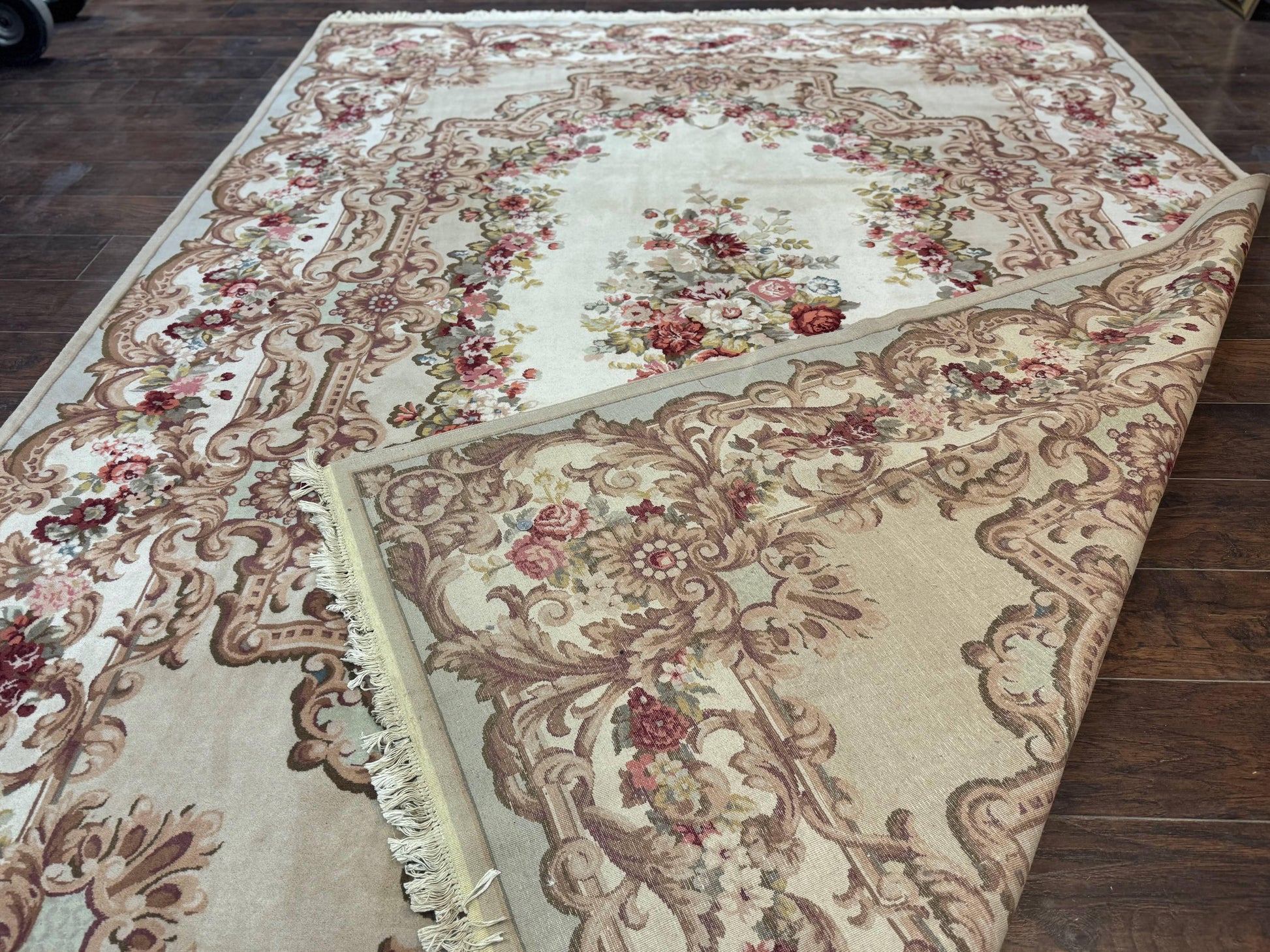 Aubusson Rug 8x12, European French Savonnerie Design, Thick Wool Pile, Elegant Rug, Cream Beige Light Green - Nuvé