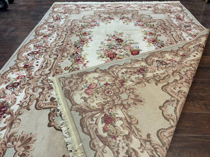 Aubusson Rug 8x12, European French Savonnerie Design, Thick Wool Pile, Elegant Rug, Cream Beige Light Green - Nuvé