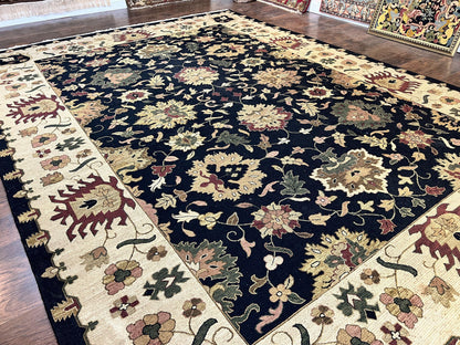 Handmade Indo Persian wool rug, 10x14 floral Oriental carpet in black and beige with intricate traditional patterns.