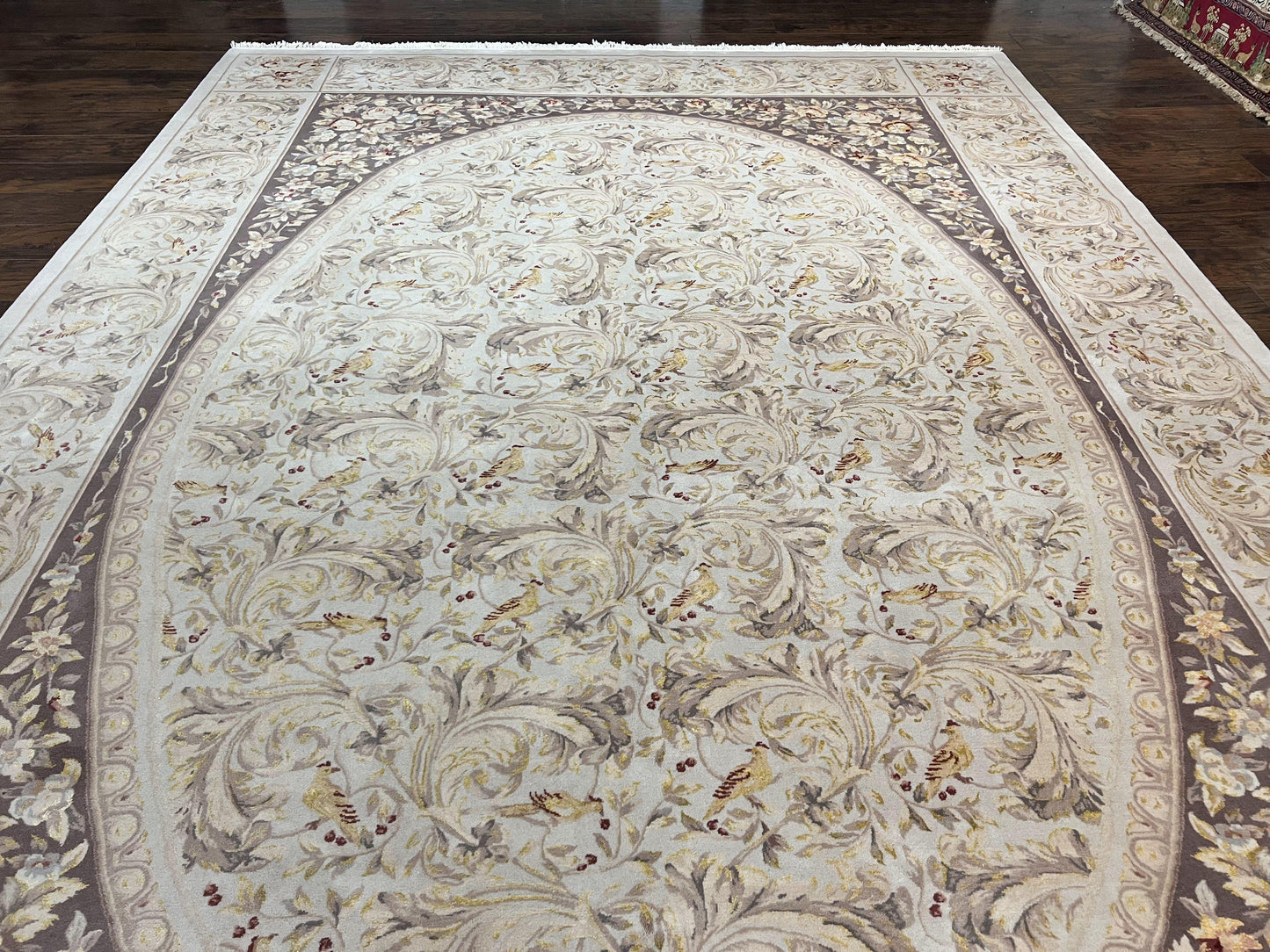 Aubusson Rug 10x14, Wool & Silk Highlights Hand Knotted Vintage Carpet, Birds Flowers, Fine Details, Elegant - Nuvé