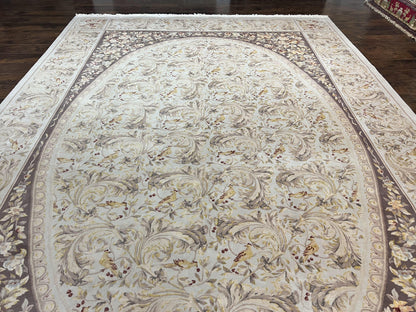 Aubusson Rug 10x14, Wool & Silk Highlights Hand Knotted Vintage Carpet, Birds Flowers, Fine Details, Elegant - Nuvé