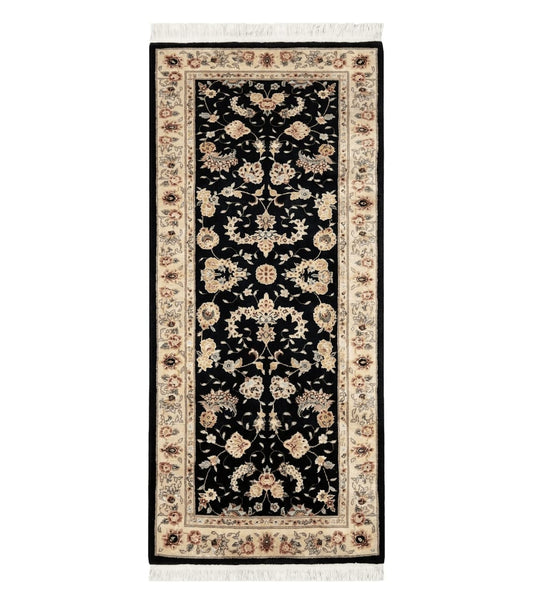 Sino Persian Short Runner Rug 2.7 x 6, Wool and Silk Highlights Black and Beige Handmade Vintage Floral Allover Oriental Carpet, Hallway Rug