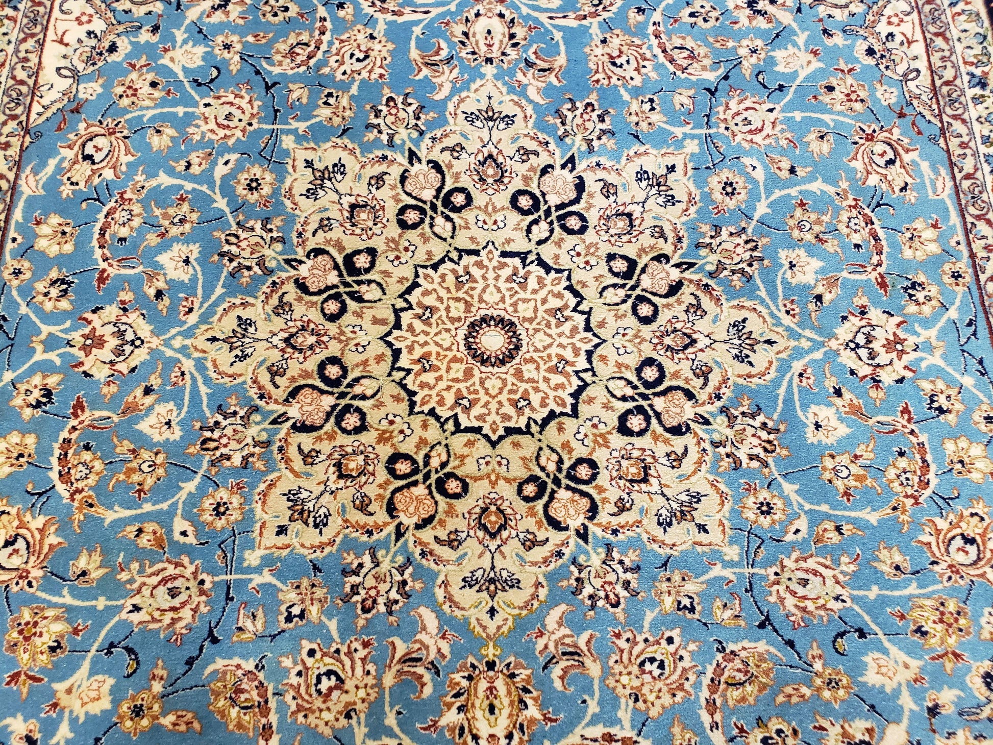 Persian Isfahan Rug, Kork Wool on Silk Foundation, Sky Blue, Hand-Knotted, 5' 1" x 7' 8" - Nuvé