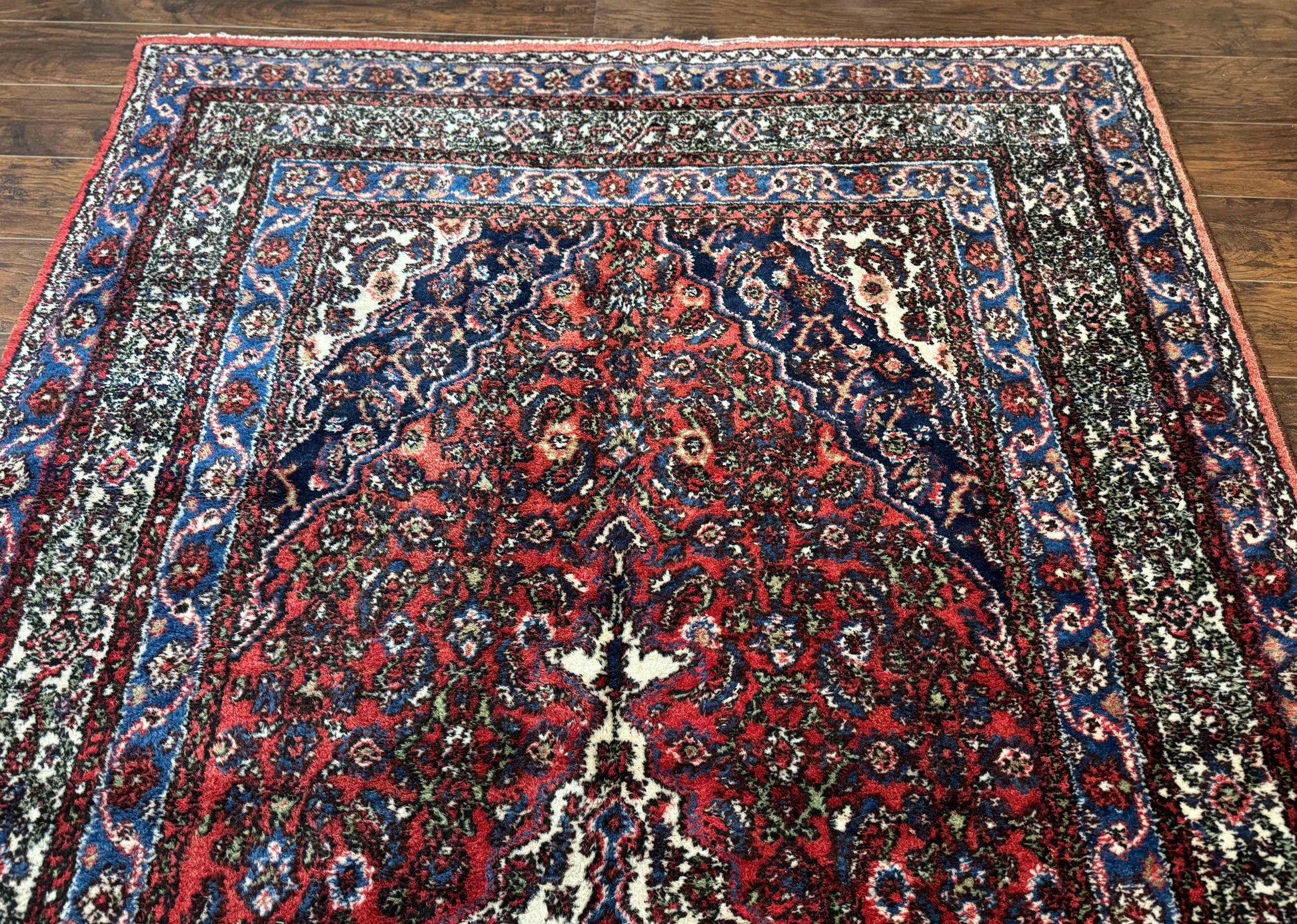 Persian Tribal Rug 6x11, Red Blue Ivory, Antique Persian Carpet, Hamadan Dargazin Carpet - Nuvé