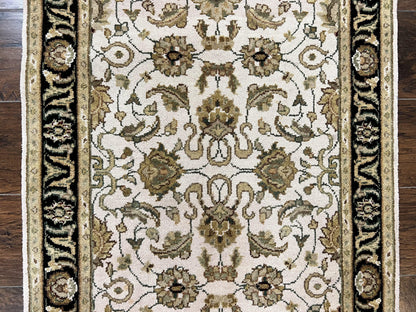 Small Indo Mahal Rug 2.5 x 4, Wool Indian Oriental Carpet, Hand Knotted Handmade Vintage Traditional Rug, Beige Tan Black - Nuvé