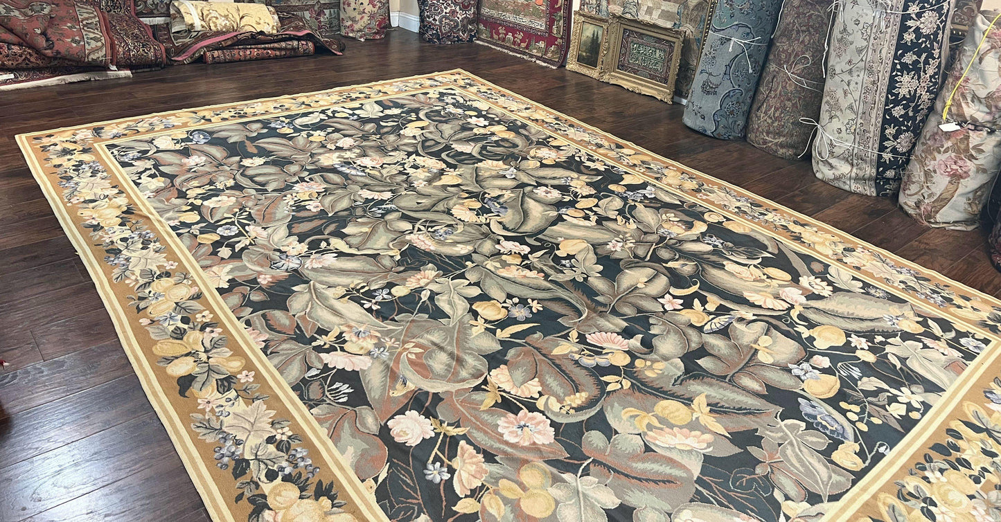 Large Needlepoint Rug 9x13, Handmade Wool Flatweave Vintage Rug, Leaves, Green - Nuvé