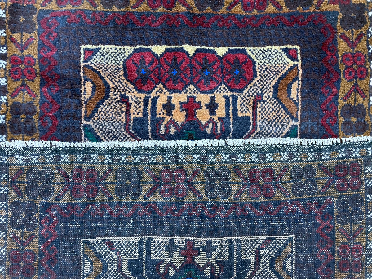 Vintage 3x5 Balouchi tribal wool rug with red and beige patterns, handcrafted Afghan rug by Jewel Rugs.