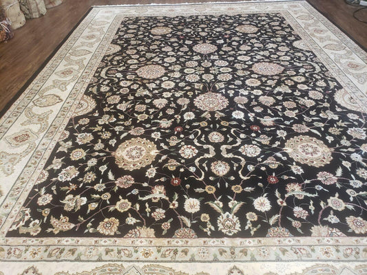 8' 5" X 11' 6" Vintage Handmade Oriental Floral Wool Rug Silk Accent Black Nice - Nuvé