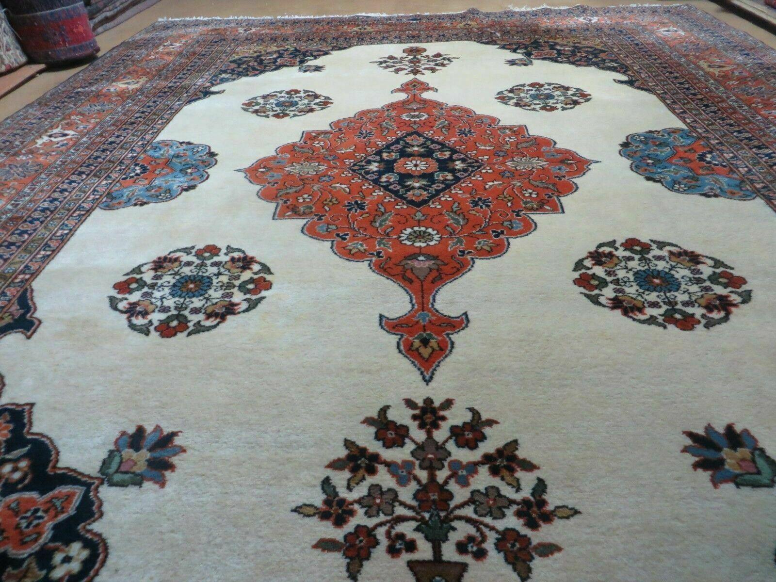 Indo Persian Rug 9x12, Semi Open Field Medallion, Ivory Tomato Red Navy Blue, Hand Knotted Indian Oriental Wool Carpet 9 x 12 ft, Room Sized - Nuvé