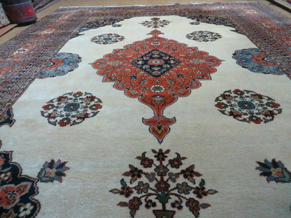 Indo Persian Rug 9x12, Semi Open Field Medallion, Ivory Tomato Red Navy Blue, Hand Knotted Indian Oriental Wool Carpet 9 x 12 ft, Room Sized - Nuvé