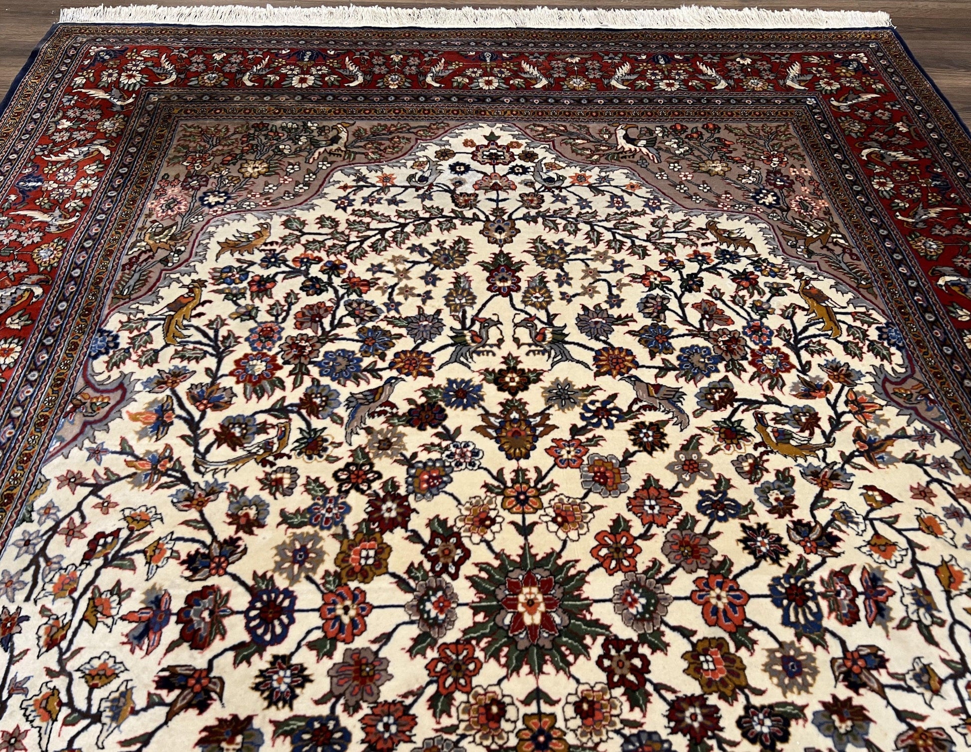 Beautiful Sino Persian Rug 7x10, Circle of Life Tree of Life Rug, Birds, Cream Red Navy Blue Taupe, Wool Silk Accents, Hand Knotted Vintage - Nuvé