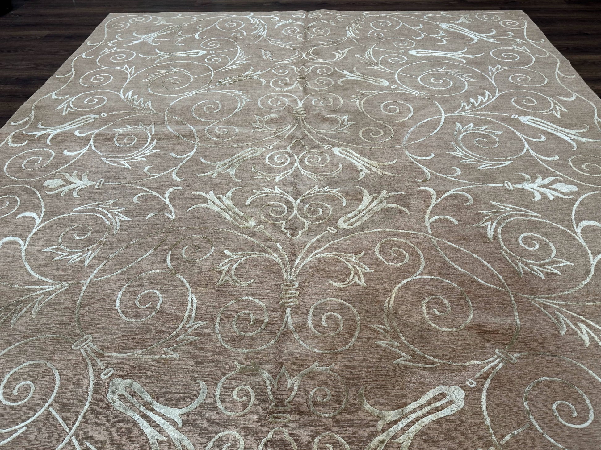 Tibetan Rug 9x12 Wool and Silk Beige Modern Handmade Carpet - Nuvé