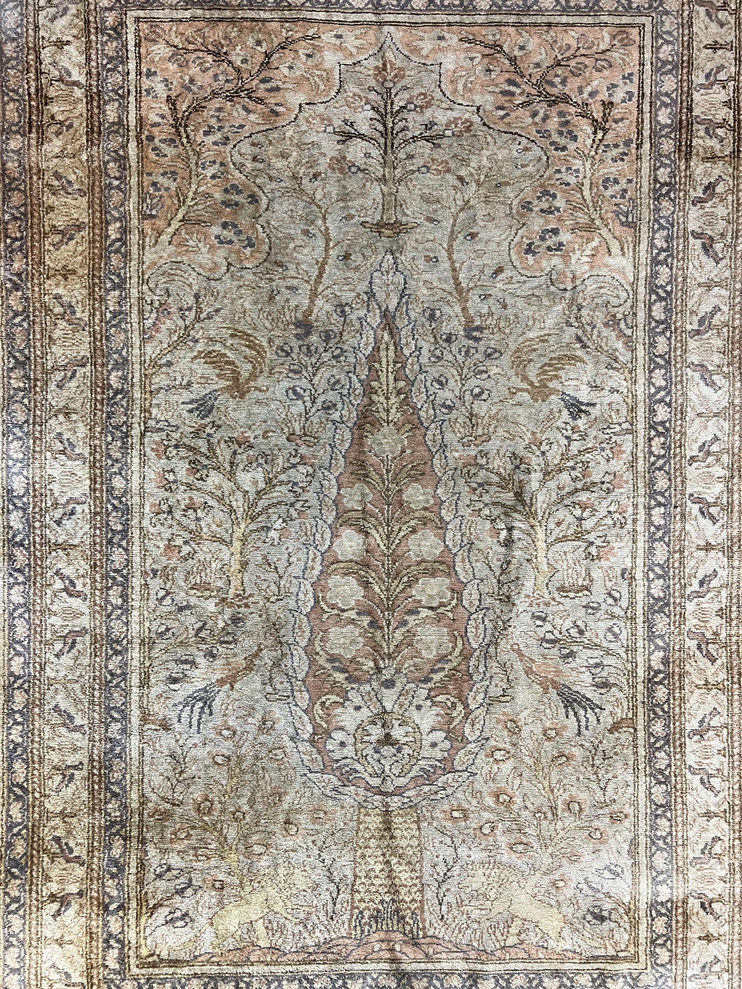 Turkish Kayseri Silk Rug 4x6, Tree of Life Pattern, Vintage Handmade Hand Knotted Carpet, Animal Pictorials, Birds - Nuvé