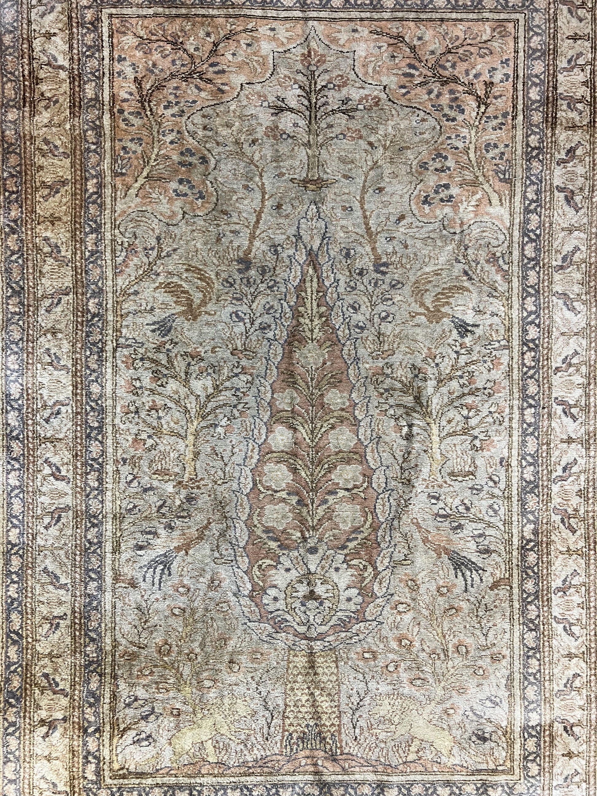 Turkish Kayseri Silk Rug 4x6, Tree of Life Pattern, Vintage Handmade Hand Knotted Carpet, Animal Pictorials, Birds - Nuvé