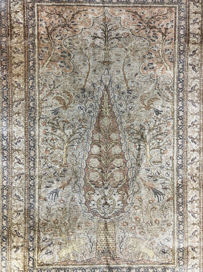 Turkish Kayseri Silk Rug 4x6, Tree of Life Pattern, Vintage Handmade Hand Knotted Carpet, Animal Pictorials, Birds - Nuvé