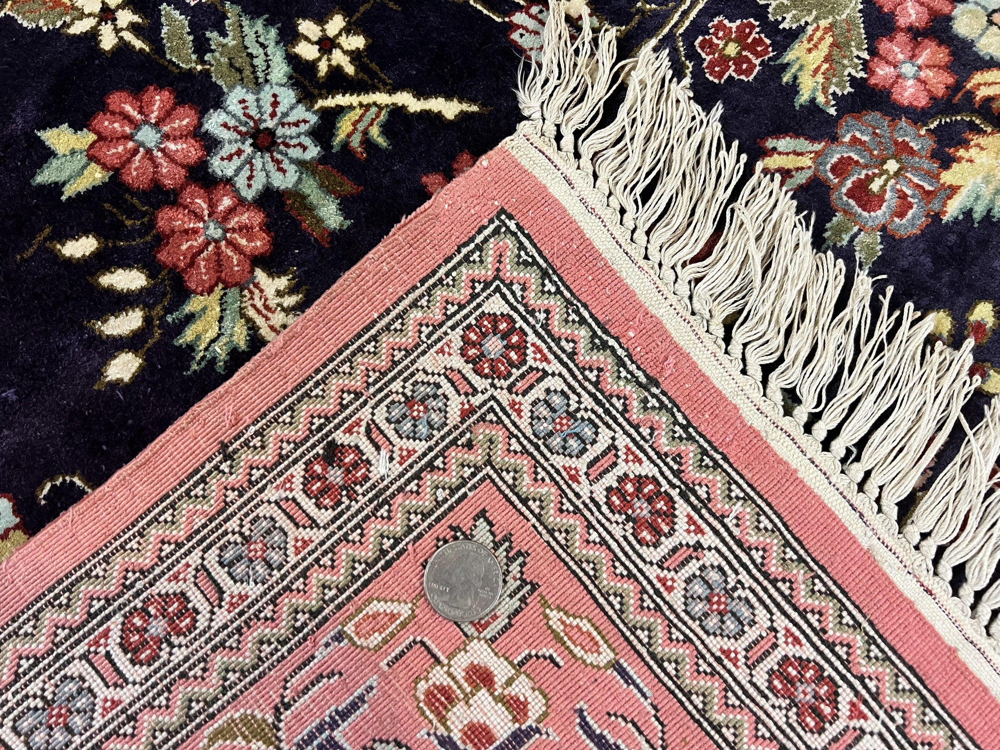 Stunning Silk Persian Qum Rug 7x9, Finely Hand Knotted Navy Blue & Salmon Floral Medallion Authentic Oriental Carpet, Vintage Handmade Silk Ghom Rug, Silk on Silk - Nuvé
