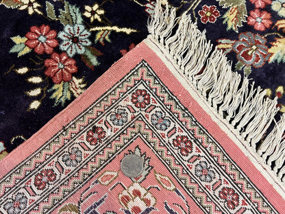 Stunning Silk Persian Qum Rug 7x9, Finely Hand Knotted Navy Blue & Salmon Floral Medallion Authentic Oriental Carpet, Vintage Handmade Silk Ghom Rug, Silk on Silk - Nuvé