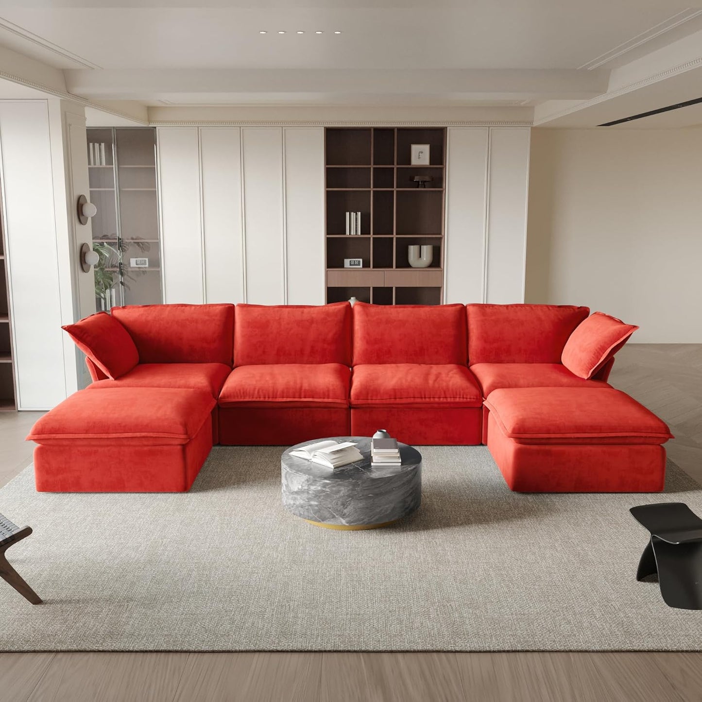 Sabi Modular Boucle Cloud Sofa - Red - 4-Seater Sectional Sofa with 2 Ottomans - Nuvé