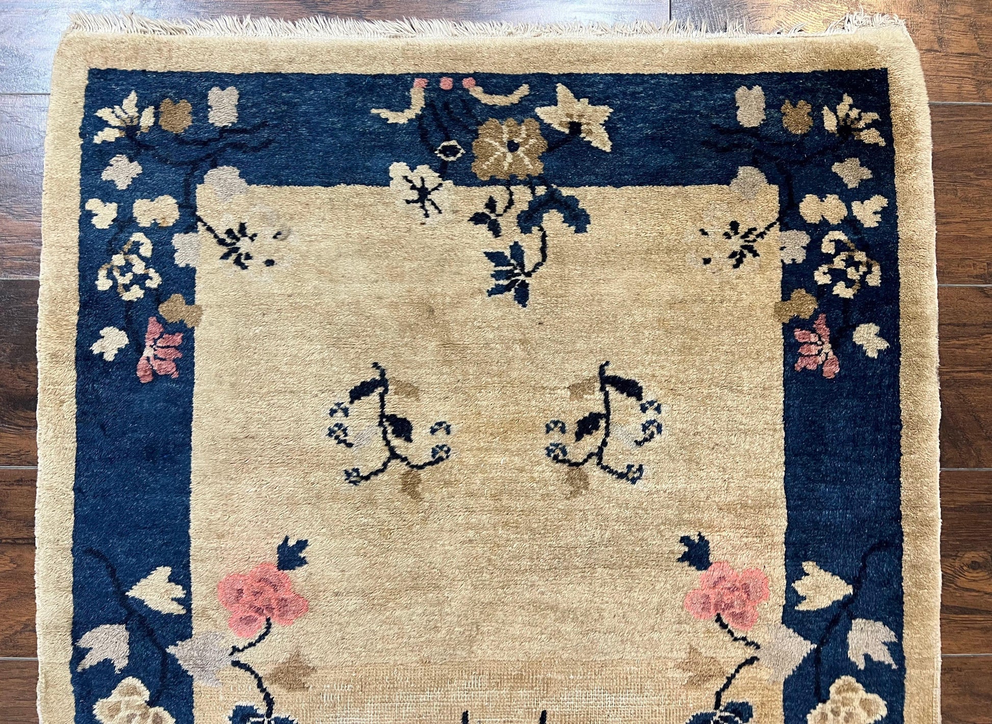 Antique Chinese Peking Rug 3x6, Beige and Dark Blue Hand Knotted Handmade Asian Oriental Carpet, Floral Vases, Vintage Wool Art Deco Rug - Nuvé