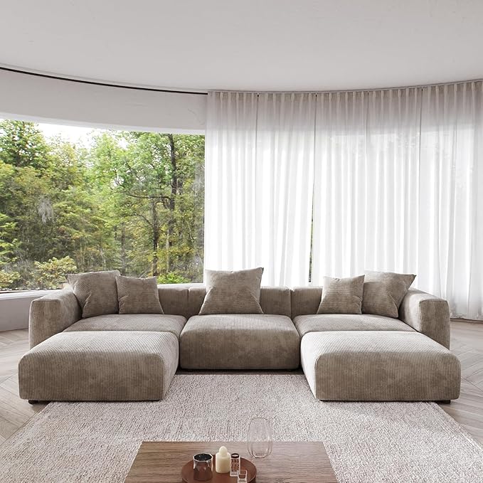 Kanso Corduroy Modular Bouclé Cloud Couch - Brown - 3-Seater Sectional Sofa with 2 Ottomans - Nuvé