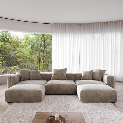 Kanso Corduroy Modular Bouclé Cloud Couch - Brown - 3-Seater Sectional Sofa with 2 Ottomans - Nuvé