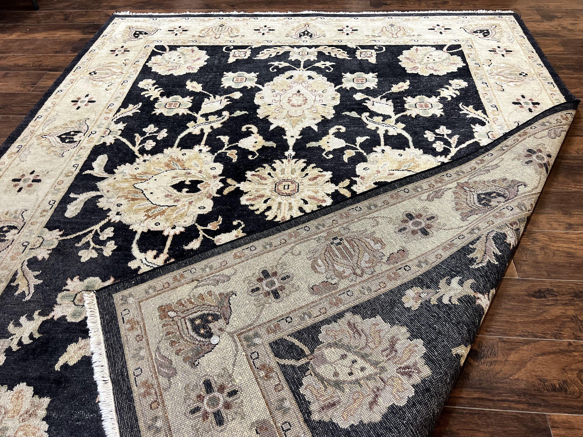 Indo Mahal Rug 8x10, Black and Beige, Vintage Rug 8 x 10 ft, Floral, Handmade Wool Carpet - Nuvé