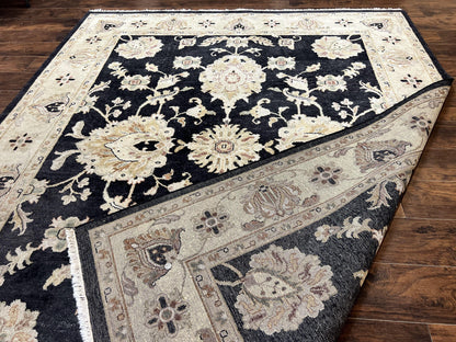 Indo Mahal Rug 8x10, Black and Beige, Vintage Rug 8 x 10 ft, Floral, Handmade Wool Carpet
