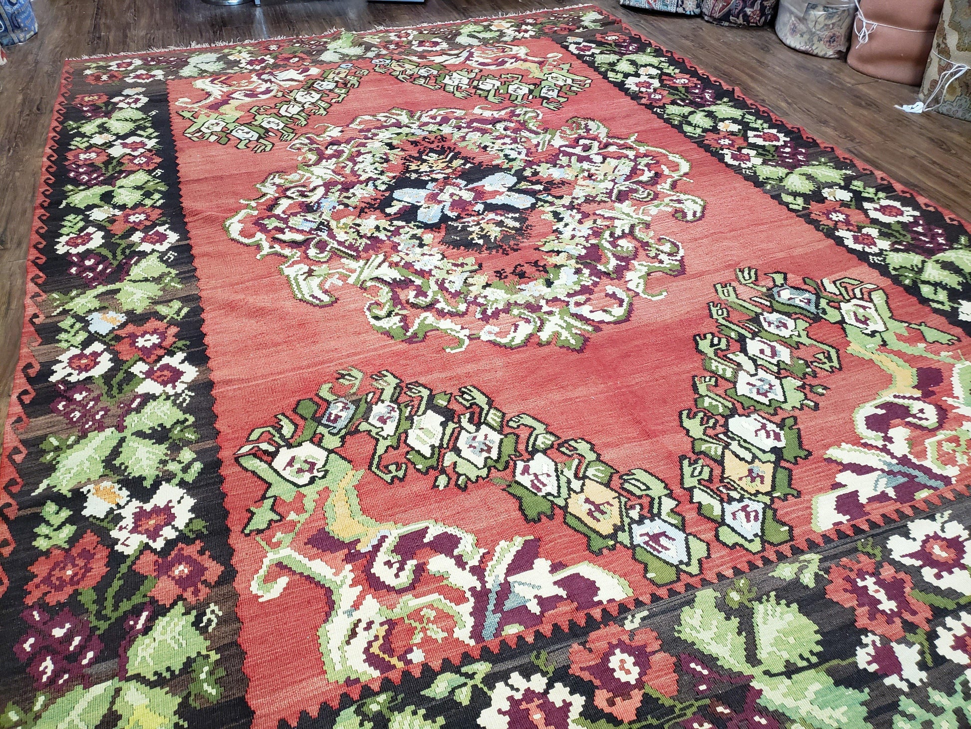 Karabakh Rug 8x11, Caucasian Kilim Rug, Vintage Antique Turkish Anatolian Azerbaijani Carpet, Wool Red & Black Hand-Woven 8 x 11 Living Room - Nuvé