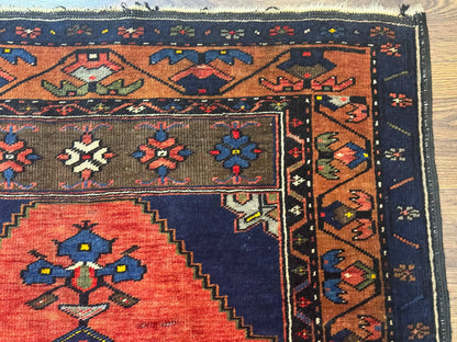 Persian Rug 3x6, Geometric Medallion, Village Tribal Rug, Terracotta and Navy Blue, Antique Nahavand Hamadan Rug - Nuvé